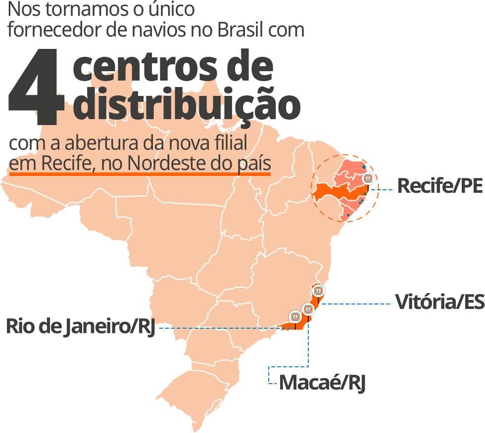 O único fornecedor de navios com 4 centros de distribuição no Brasil